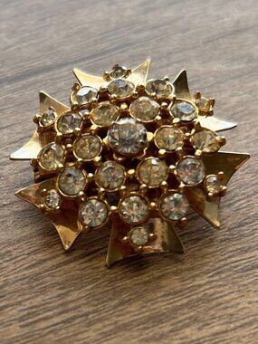 Vintage Rhinestone Starburst Brooch Pendant Gold Tone Convertible Pin
